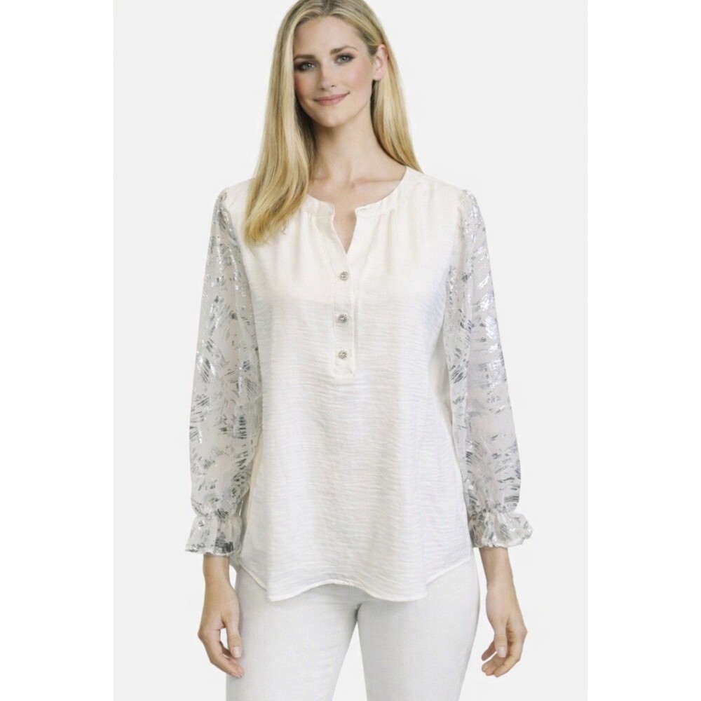 Adreinne Vittadini Womens White V Neck Long Sleeve Silver Metallic Blouse Sz Med